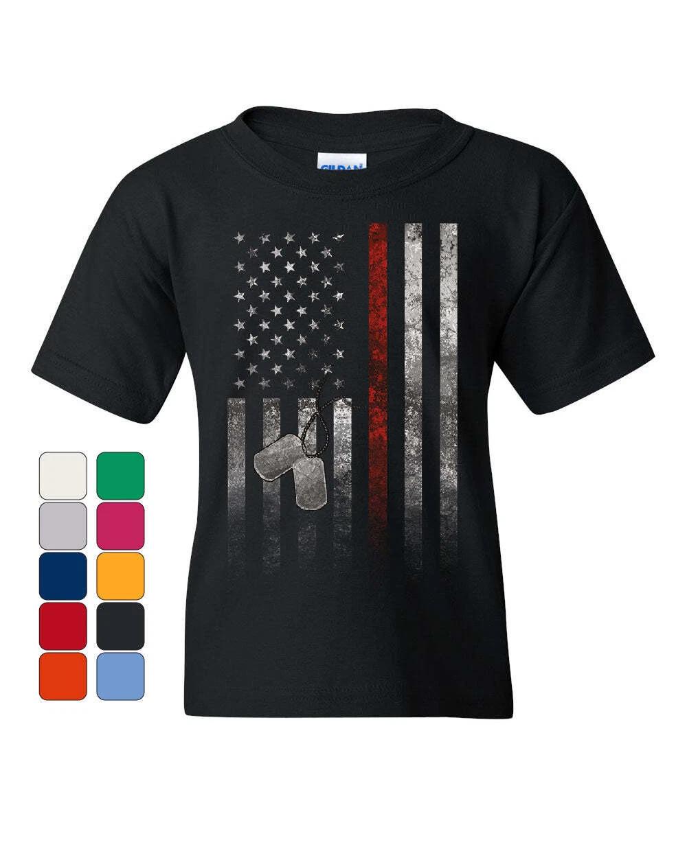 Stars and Stripes Dog Tags Youth kids boys T-Shirt Military American Patriot USA Kids Tee 160
Stars and Stripes Dog Tags Youth kids boys T-Shirt Military American Patriot USA Kids Tee 160