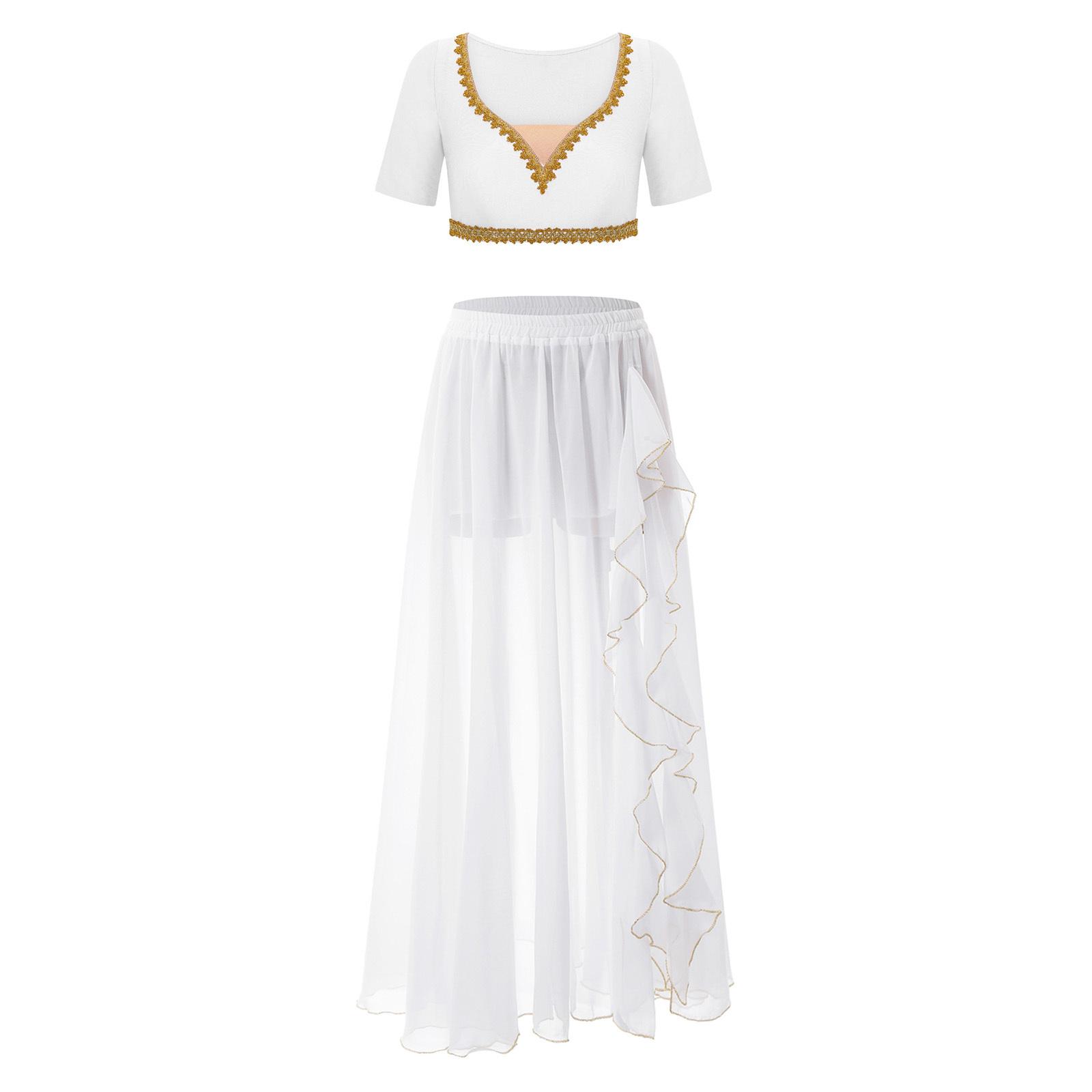 Women Belly Dance Crop Top V Neck Short Sleeve Gold Trim Ruffles Side Split Chiffon Skirt Elastic Waistband Outfit білий
Women Belly Dance Crop Top V Neck Short Sleeve Gold Trim Ruffles Side Split Chiffon Skirt Elastic Waistband Outfit білий
