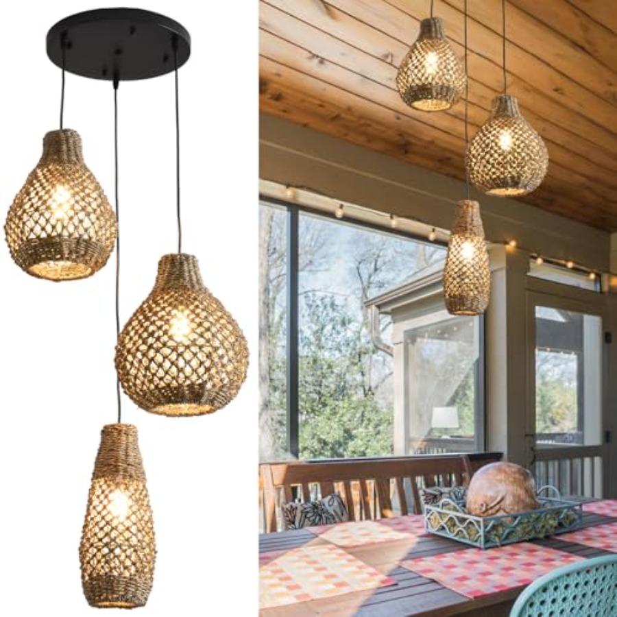 3-Lights Rattan Pendant Light Fixture Boho Hand Woven Wicker Seagrass Farmhouse Ceiling Hanging Lighting in Natural Color for K
3-Lights Rattan Pendant Light Fixture Boho Hand Woven Wicker Seagrass Farmhouse Ceiling Hanging Lighting in Natural Color for K