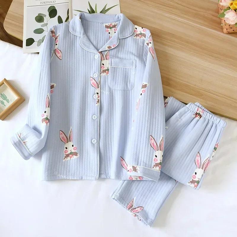 Японские брюки с длинными рукавами на осень и зиму, чистый хлопок, воздушный хлопок, теплые женские пижамы, домашняя одежда для сна L