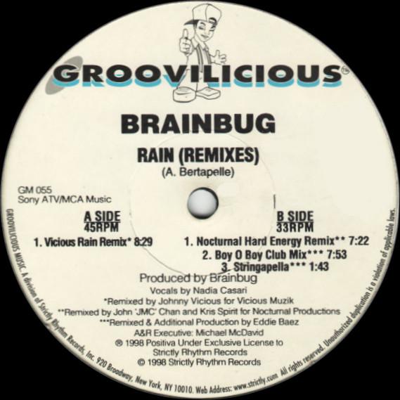 12inch Record BRAINBUG - Rain (Remixes) GM055 Groovilicious 1998 US Dance & Electronica Used
12inch Record BRAINBUG - Rain (Remixes) GM055 Groovilicious 1998 US Dance & Electronica Used