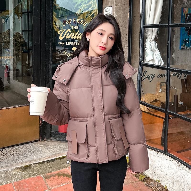 2025 новая пуховая хлопковая куртка женская корейская версия свободного кроя, короткий пуховик с капюшоном, утолщенная зимняя хлопковая куртка XXL кофейный