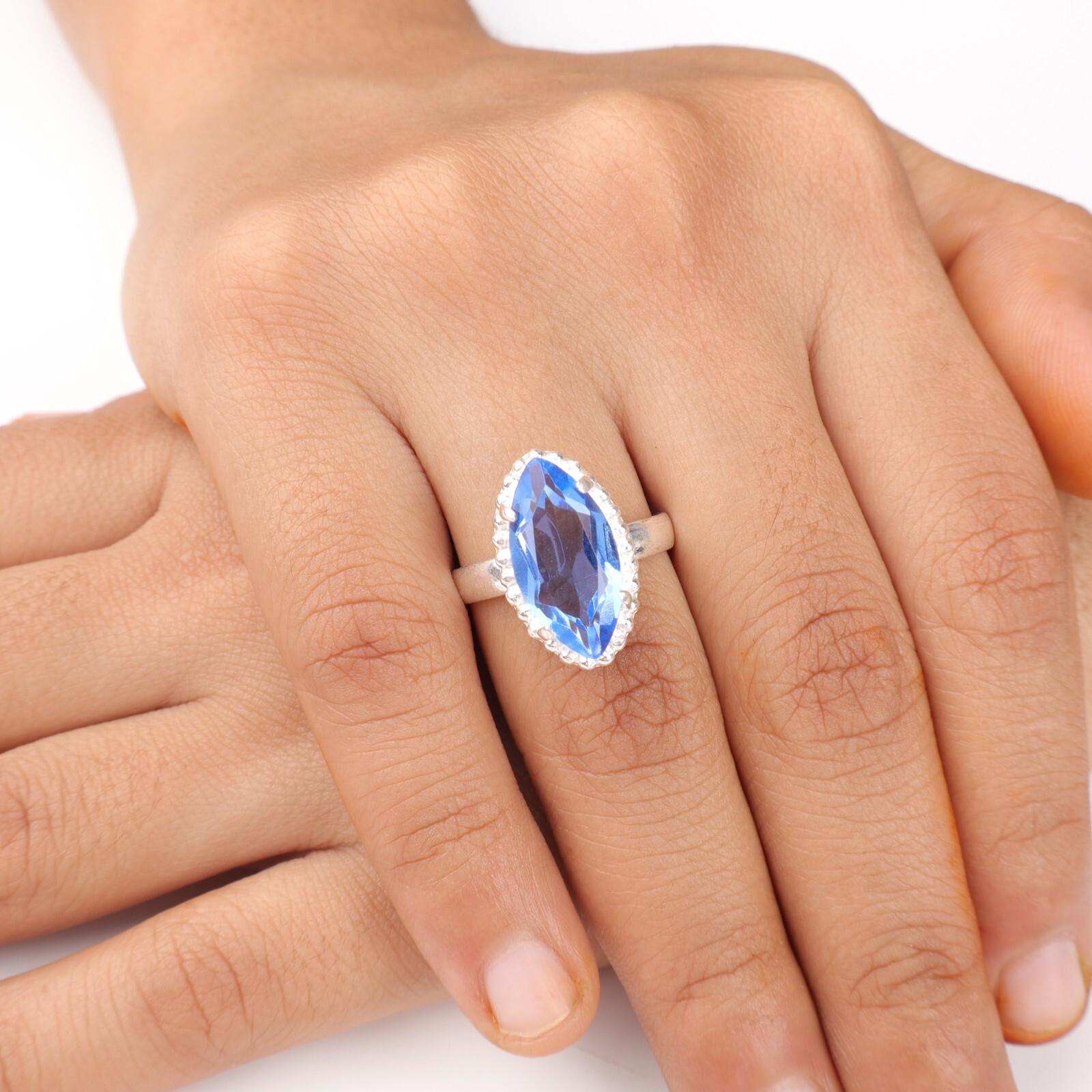 Швейцарский голубой топаз Драгоценный камень 925 Стерлинговое серебро Ювелирные изделия Кольцо ручной работы Подарок для нее RR-64-1 7.5