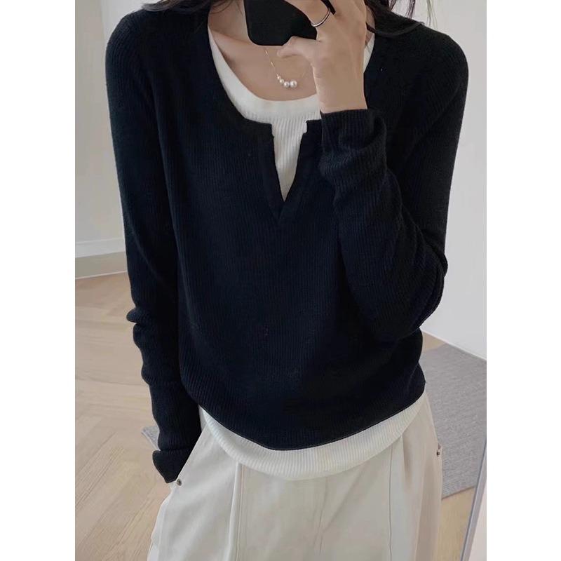 Женская трикотажная базовая рубашка с V-образным вырезом, имитирующая двойку, осенне-зимний новый сшитый короткий свитер, трикотажный свитер с длинным рукавом one size fits all чёрный
Женская трикотажная базовая рубашка с V-образным вырезом, имитирующая двойку, осенне-зимний новый сшитый короткий свитер, трикотажный свитер с длинным рукавом one size fits all чёрный