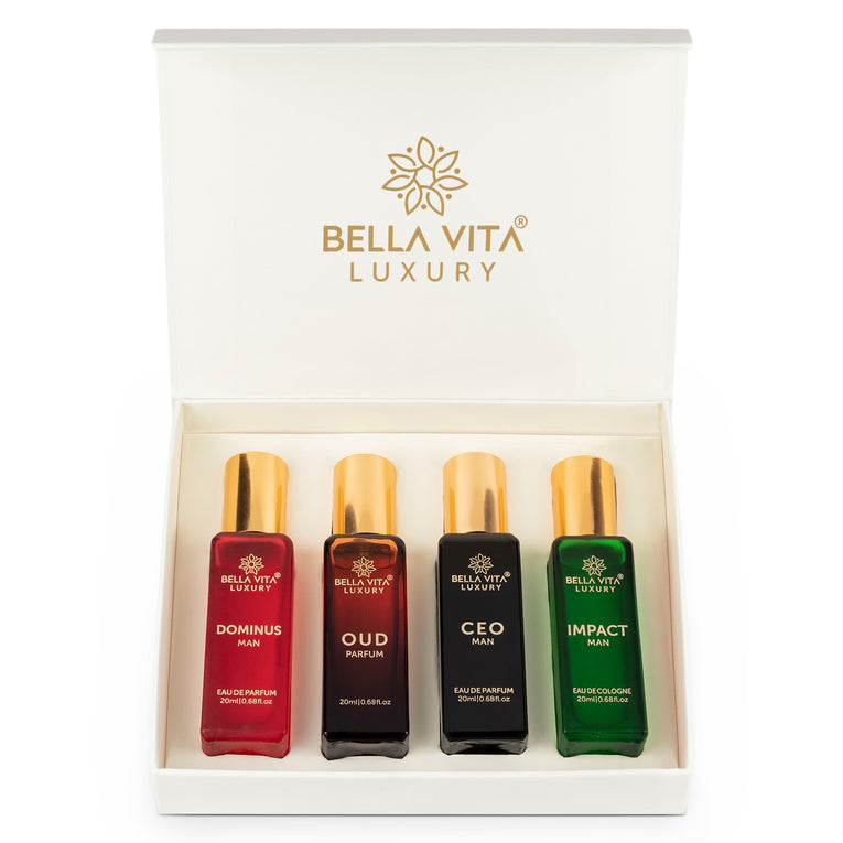 Bella Vita Luxury Man Perfume Gift Set 4x20 ML для мужчин с Dominus, Oud, CEO, Impact Perfume | Древесный, цитрусовый стойкий аромат EDP и EDC
Bella Vita Luxury Man Perfume Gift Set 4x20 ML для мужчин с Dominus, Oud, CEO, Impact Perfume | Древесный, цитрусовый стойкий аромат EDP и EDC