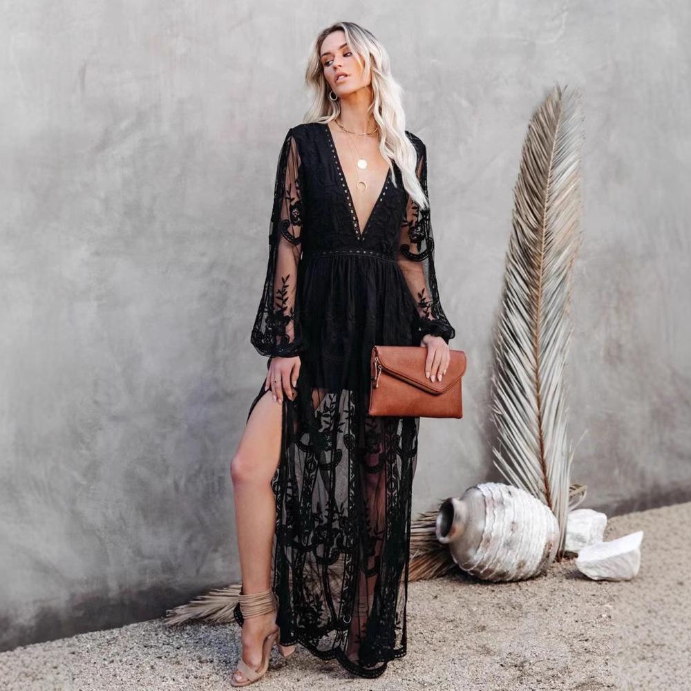 Women s Sexy V Neck Lace Embroidery Maxi Dress, Long Sleeve Sheer High Slit Boho Beach Vacation Evening Party Gown S чёрный
Women s Sexy V Neck Lace Embroidery Maxi Dress, Long Sleeve Sheer High Slit Boho Beach Vacation Evening Party Gown S чёрный
