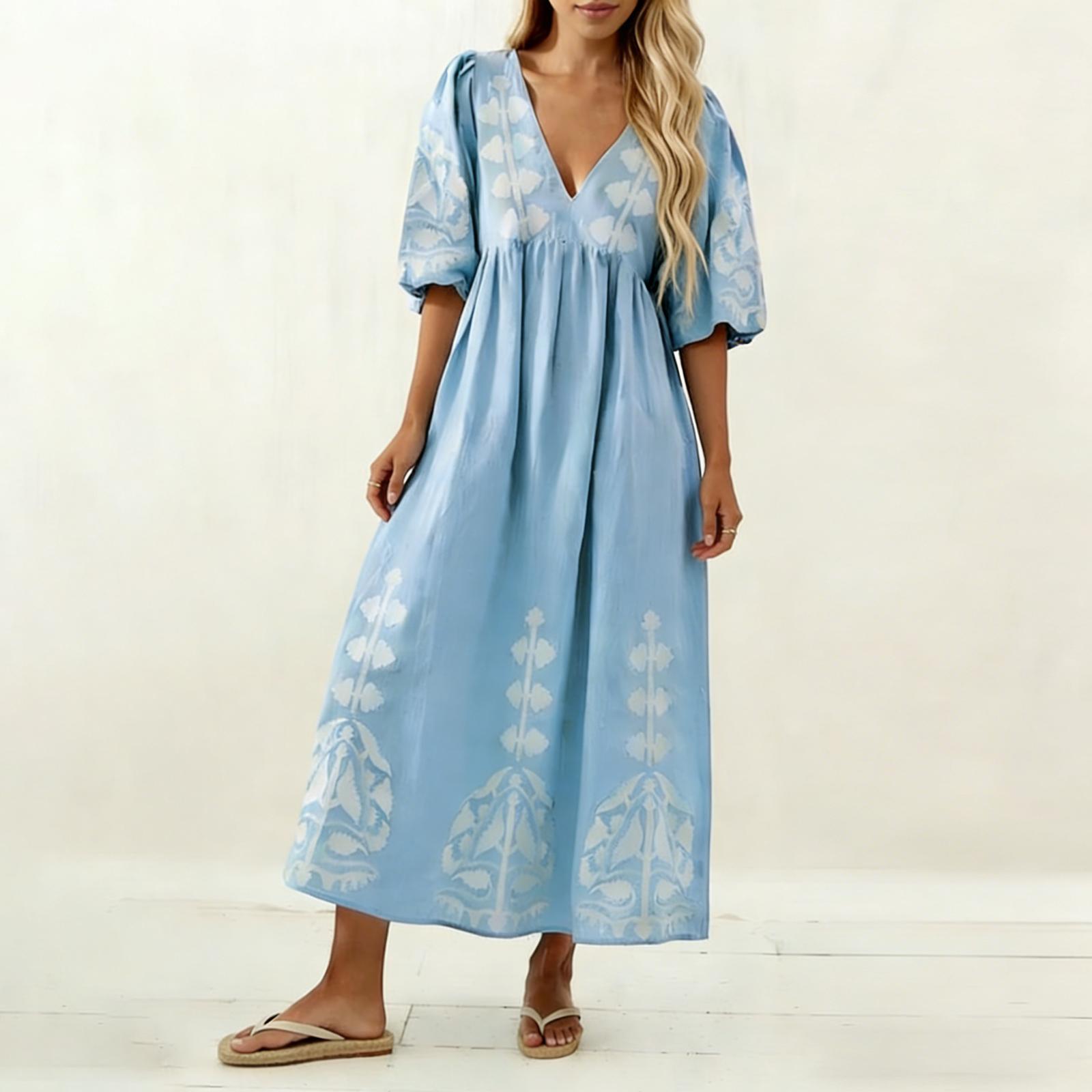 Women s Fashionable V Neck Bubble Sleeve Floral Print Loose Casual Back Hollow Out Five Quarter Sleeve Dress XL небо синє кольору
Women s Fashionable V Neck Bubble Sleeve Floral Print Loose Casual Back Hollow Out Five Quarter Sleeve Dress XL небо синє кольору