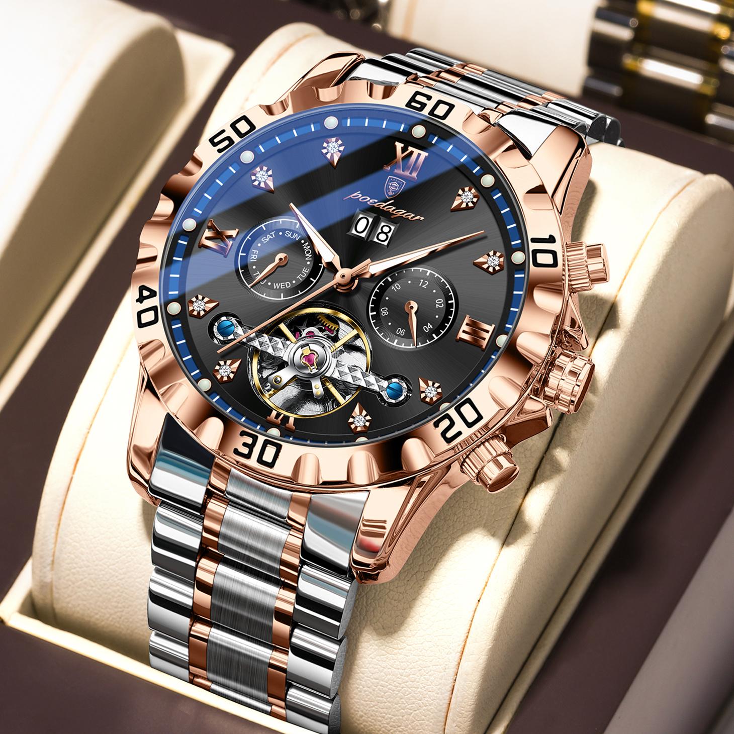 POEDAGAR Top Luxury Men Watch Automatic Date Week Man Wristwatch Hollow Tourbillon Mechanical Stainless Steel Watches рожевий колір золота/синій
POEDAGAR Top Luxury Men Watch Automatic Date Week Man Wristwatch Hollow Tourbillon Mechanical Stainless Steel Watches рожевий колір золота/синій