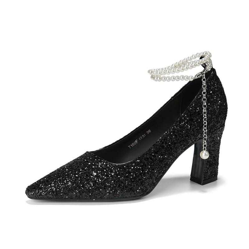 High Heels Women s Summer New Pearl One-word with High Heel Pumps Women s Thick Heels Light Mouth Sequined Cloth Wedding Shoes 34
High Heels Women s Summer New Pearl One-word with High Heel Pumps Women s Thick Heels Light Mouth Sequined Cloth Wedding Shoes 34