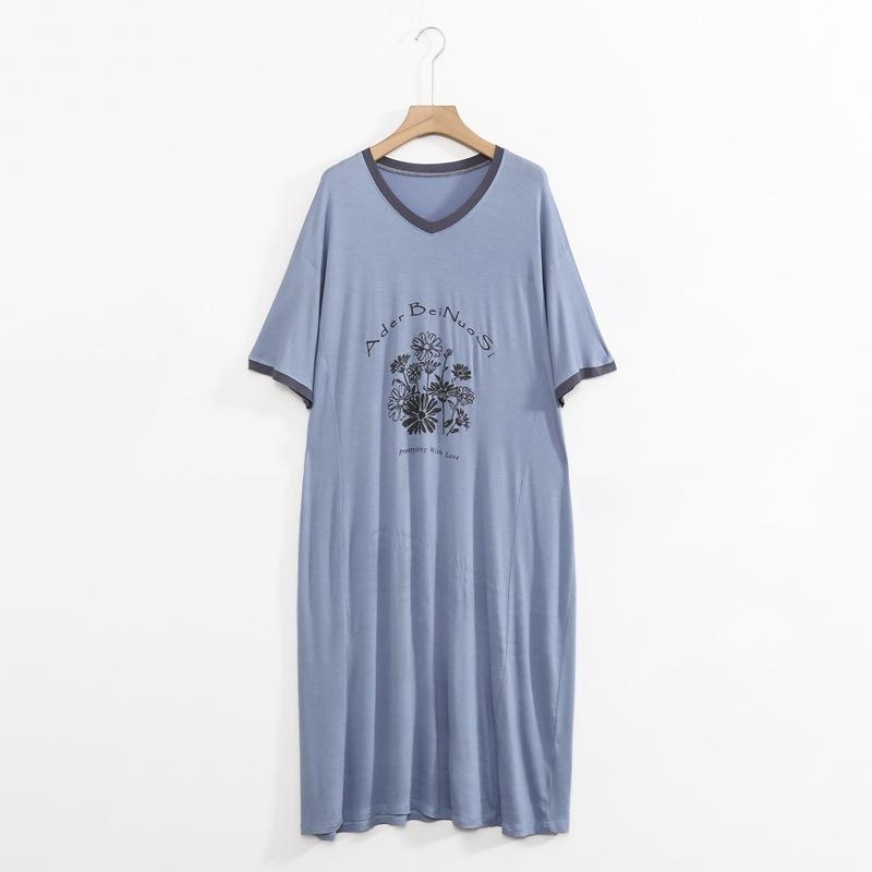 Летнее Свободное Повседневное Платье Большого Размера с V-образным Вырезом и Принтом в виде Букв, Тонкая Домашняя Одежда и Ночная Сорочка one size синий