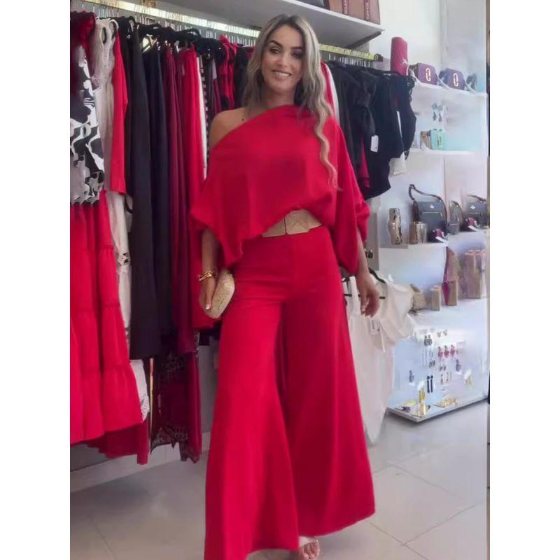 European and American Jumpsuit New French style Temperament Jumpsuit Summer Sloping Shoulder Wide Leg Pants Slim Trousers for Women Red Suit S
European and American Jumpsuit New French style Temperament Jumpsuit Summer Sloping Shoulder Wide Leg Pants Slim Trousers for Women Red Suit S