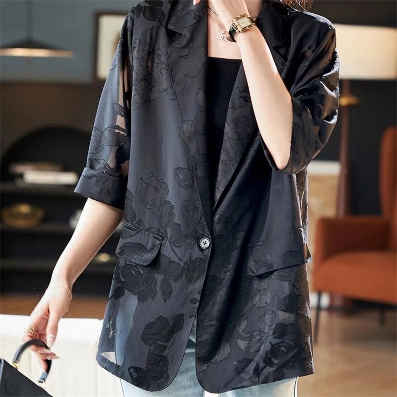Women s Sunscreen Blazer Coat Summer Retro Jacquard Ladies Outerwear Appear Thin Mid Length Version Female Suit Jacket S чорний
Women s Sunscreen Blazer Coat Summer Retro Jacquard Ladies Outerwear Appear Thin Mid Length Version Female Suit Jacket S чорний