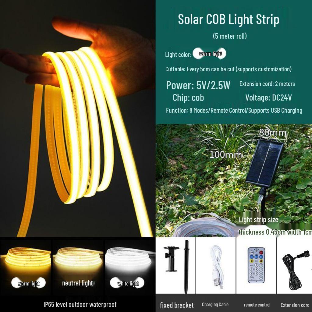 Waterproof COB Outdoor LED Solar Light Strip - Garden, Courtyard, Balcony Atmosphere Decor
Waterproof COB Outdoor LED Solar Light Strip - Garden, Courtyard, Balcony Atmosphere Decor
