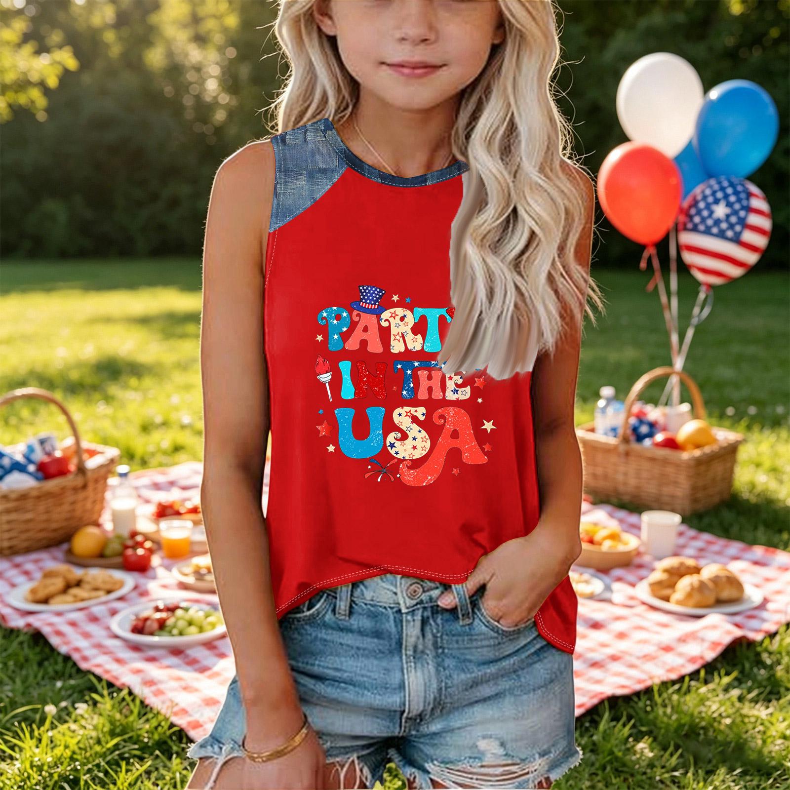 Girls Sleeveless Loose Fit Tank Top Independence Day Print Denim Patch Round Neck T Shirt Casual Summer Tee for Kids 140
Girls Sleeveless Loose Fit Tank Top Independence Day Print Denim Patch Round Neck T Shirt Casual Summer Tee for Kids 140