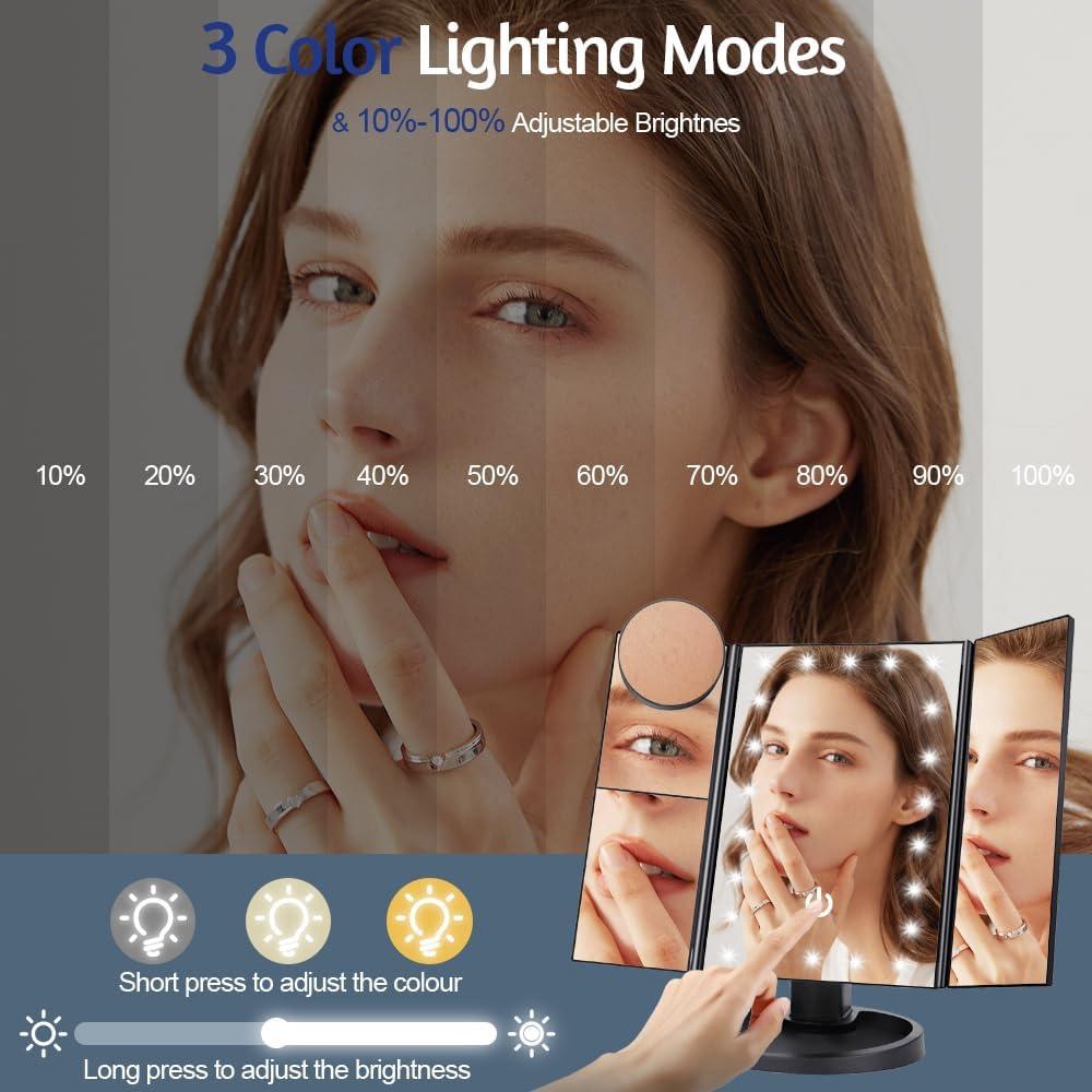 3 Side Foldable Makeup Mirror Dimmable Light 22LED Tabletop Vanity Mirror with Small Round Mirror Black
3 Side Foldable Makeup Mirror Dimmable Light 22LED Tabletop Vanity Mirror with Small Round Mirror Black