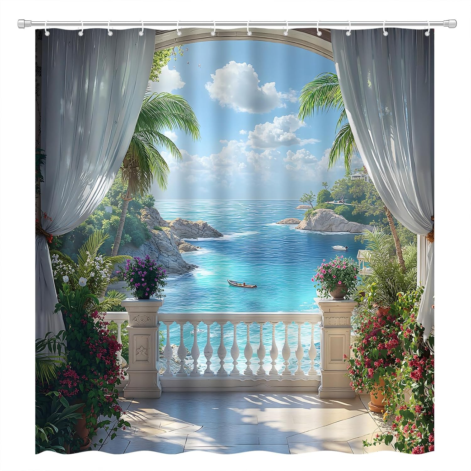 Mediterranean Tropical Beach Shower Curtain Coastal Seascape Palm Trees Blue Ocean Flower Hawaii Bathroom Decor Set Includes W60H190(CM)-1 Pcs
Mediterranean Tropical Beach Shower Curtain Coastal Seascape Palm Trees Blue Ocean Flower Hawaii Bathroom Decor Set Includes W60H190(CM)-1 Pcs