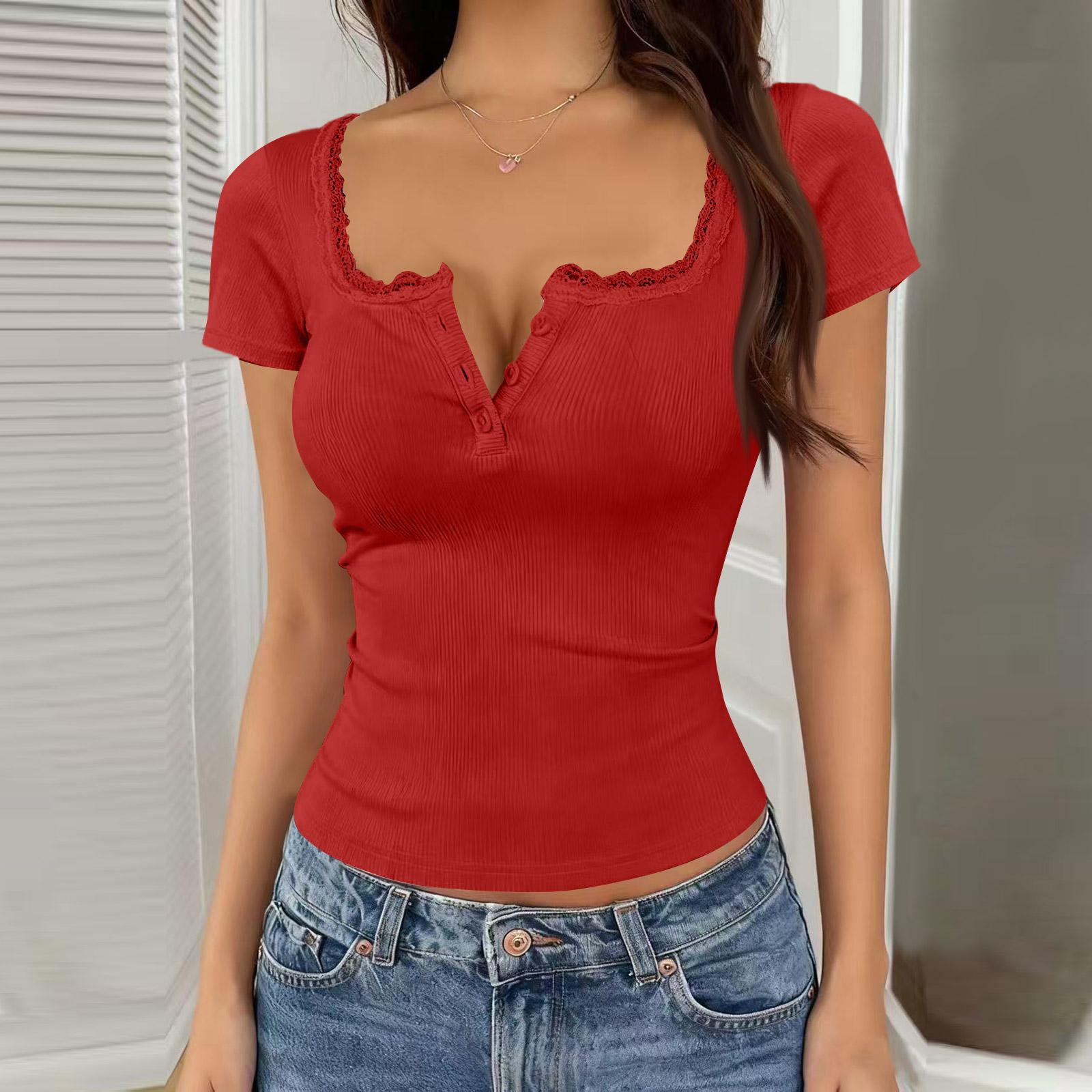 Women Short Sleeve V Neck Lace Trim Button Front Ribbed Knit Top for Spring Summer Fashion Casual Wear M
Women Short Sleeve V Neck Lace Trim Button Front Ribbed Knit Top for Spring Summer Fashion Casual Wear M