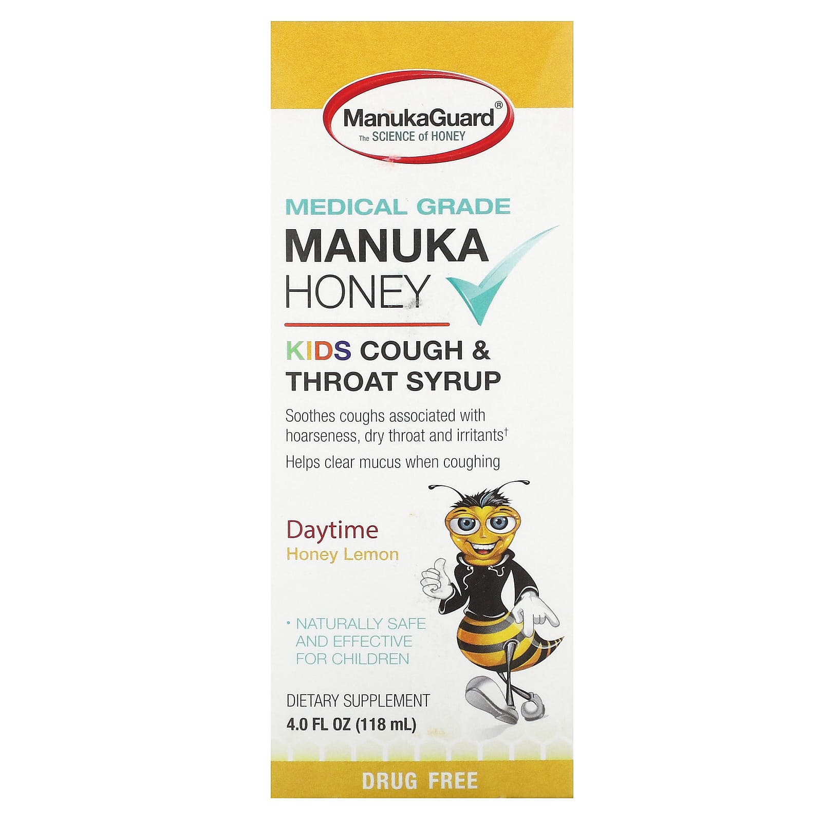 ManukaGuard, Manuka Honey, Kids Cough & Throat Syrup, Daytime, Honey Lemon, 4 fl oz (118 ml)
ManukaGuard, Manuka Honey, Kids Cough & Throat Syrup, Daytime, Honey Lemon, 4 fl oz (118 ml)