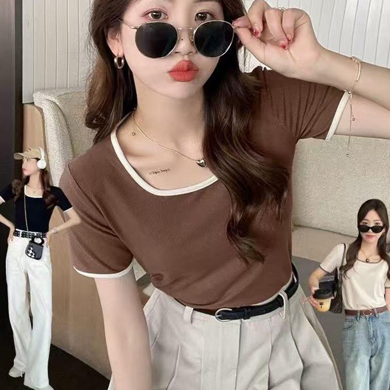 New Contrast Color Square Neck Short Sleeve Women s Large Size Slim Fit Bottoming Top Women s Summer High-End Feeling XL кавовий
New Contrast Color Square Neck Short Sleeve Women s Large Size Slim Fit Bottoming Top Women s Summer High-End Feeling XL кавовий