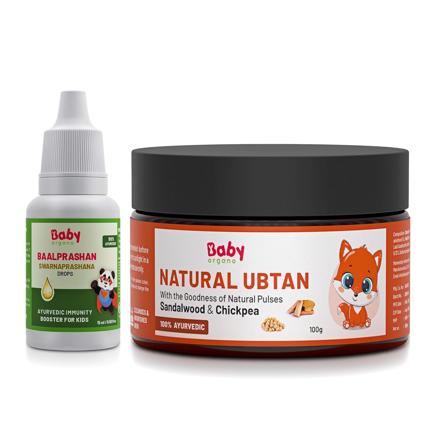 Babyorgano Swarnaprashan Immunity Booster Drops for Kids with Pure 24CT Gold Ash & Natural Ubtan Powder for Face & Body Tan Removal Combo Pack
Babyorgano Swarnaprashan Immunity Booster Drops for Kids with Pure 24CT Gold Ash & Natural Ubtan Powder for Face & Body Tan Removal Combo Pack