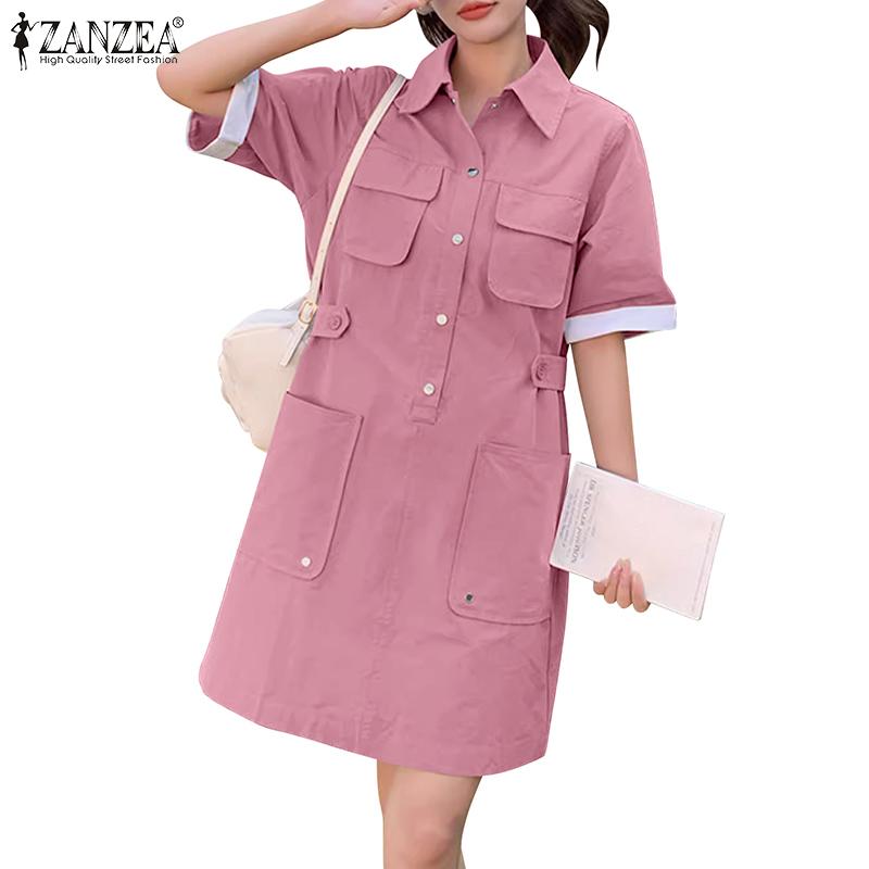 ZANZEA Женское повседневное летнее платье с отложным воротником и коротким рукавом