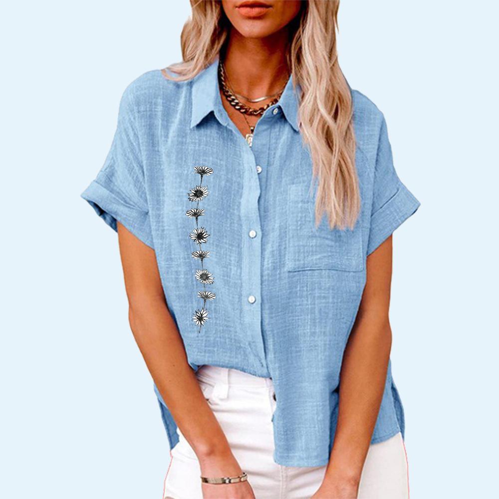 Жіноча модна лляна футболка з горловиною на лацкані, літо та осінь, повсякденна футболка, жіночі блузки з короткими рукавами на ґудзиках, вільна футболка з принтом. 5XL світло-синій колір
Жіноча модна лляна футболка з горловиною на лацкані, літо та осінь, повсякденна футболка, жіночі блузки з короткими рукавами на ґудзиках, вільна футболка з принтом. 5XL світло-синій колір