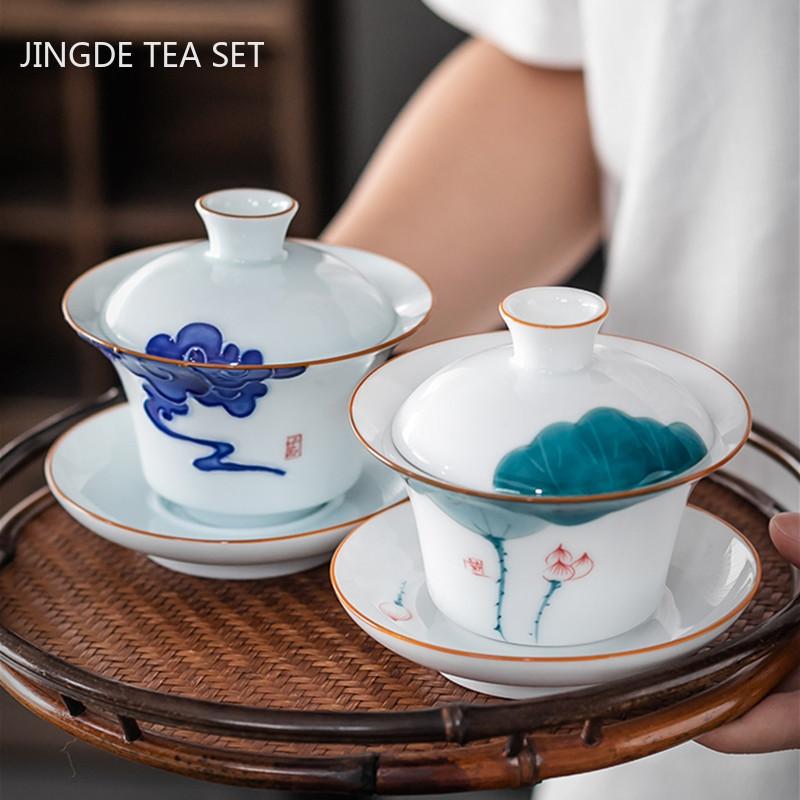 Hand Painted Lotus White Porcelain Gaiwan Ceramic Teacup Travel Tea Bowl Chinese Home Teaware Accessories Personal Cup 150ml 10.8x9.7cm 150ml
Hand Painted Lotus White Porcelain Gaiwan Ceramic Teacup Travel Tea Bowl Chinese Home Teaware Accessories Personal Cup 150ml 10.8x9.7cm 150ml