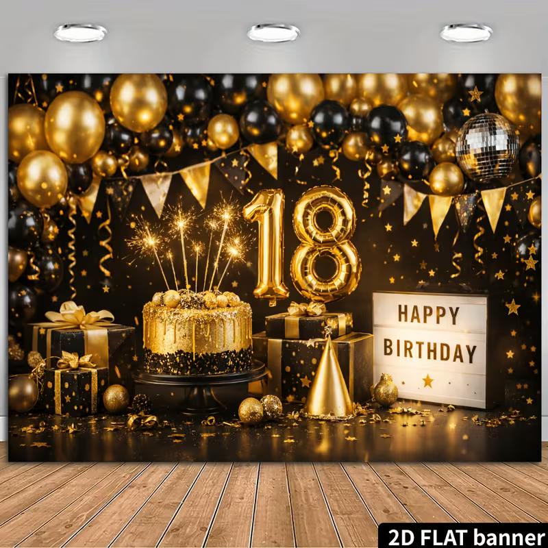 2D Black Gold 18th Birthday Party Backdrop - Cake & Disco Balloon Scene Banner 47.2x31.5inch/120*80cm
2D Black Gold 18th Birthday Party Backdrop - Cake & Disco Balloon Scene Banner 47.2x31.5inch/120*80cm