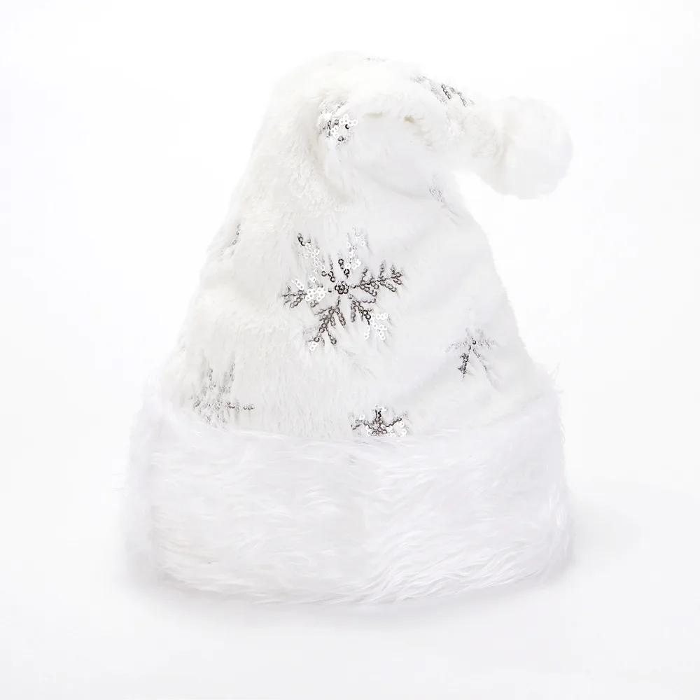 Белая плюшевая шапка Санты с золотыми и серебряными бусинами, вышивкой снежинок, взрослая шапка Санты, праздничные украшения для дома