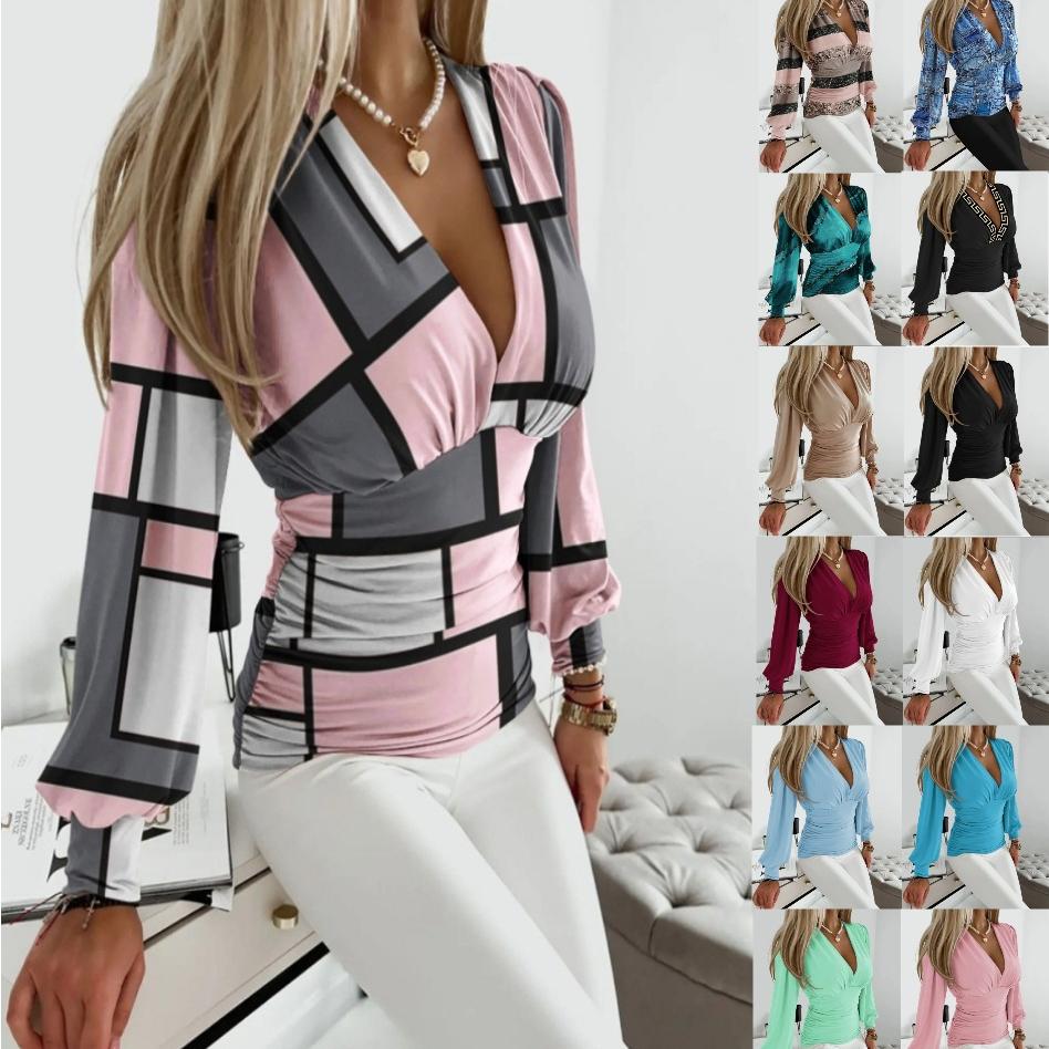 Глубокий V-образный вырез, топы с длинными рукавами и принтом, весенне-осенняя тонкая женская блузка
Глубокий V-образный вырез, топы с длинными рукавами и принтом, весенне-осенняя тонкая женская блузка
