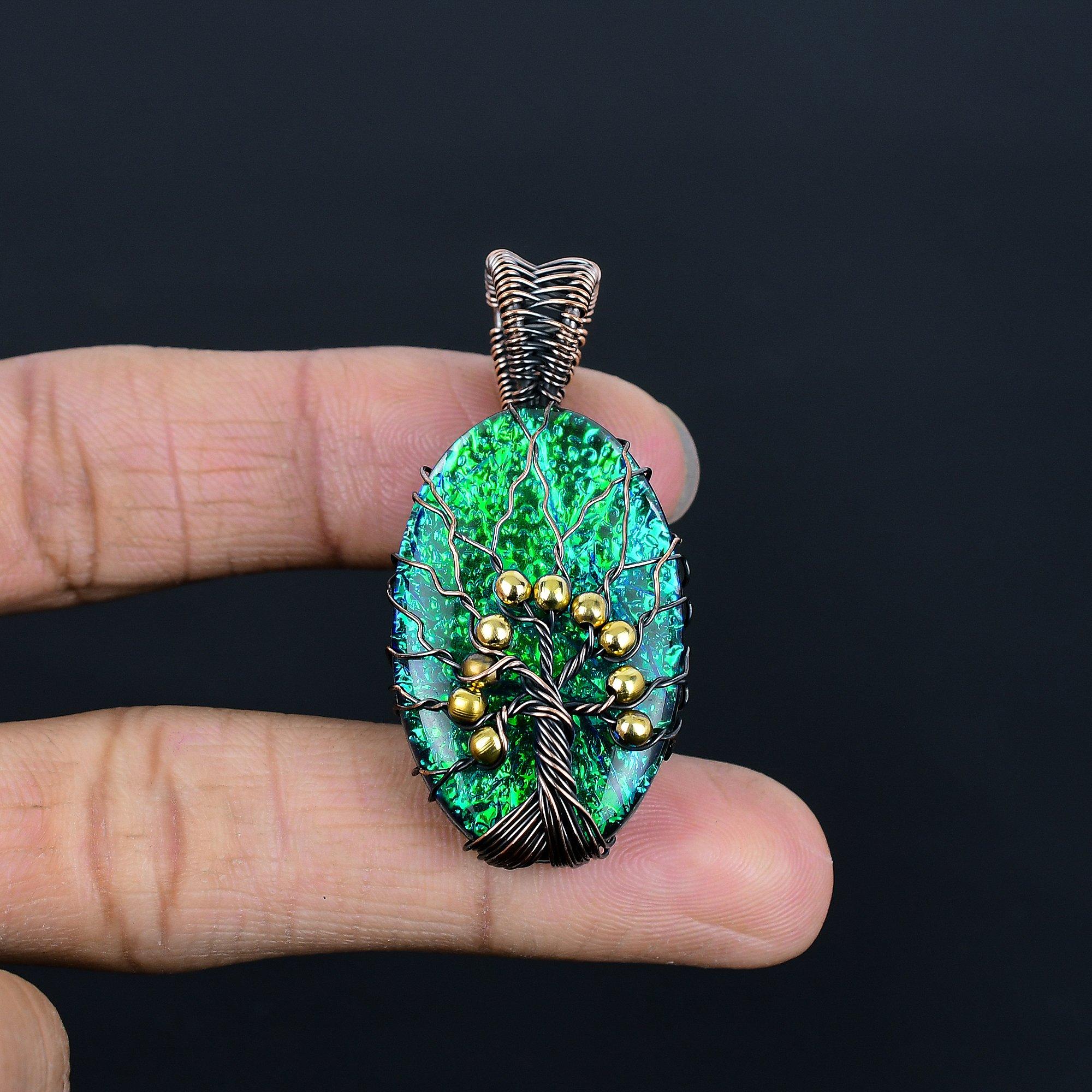 Кулон Древо Жизни с Зеленым Флэш Триплетом Опала, Ювелирное Изделие из Драгоценного Камня Ручной Работы, Кулон, Обмотанный Медной Проволокой 999 пробы, Ювелирный Кулон Уникального Дизайна 2.04 Inches зелёный