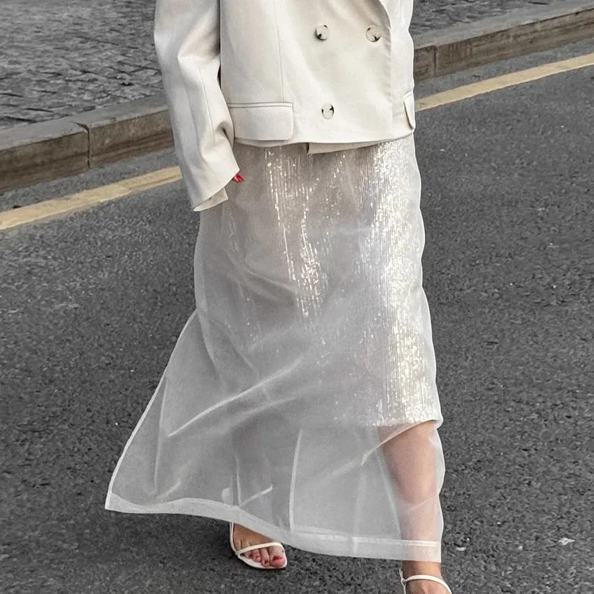 Сексуальная прозрачная сетчатая юбка женская белая с высокой талией и разрезом свободная длинная юбка осенняя уличная мода клубная вечеринка юбка женская M белый