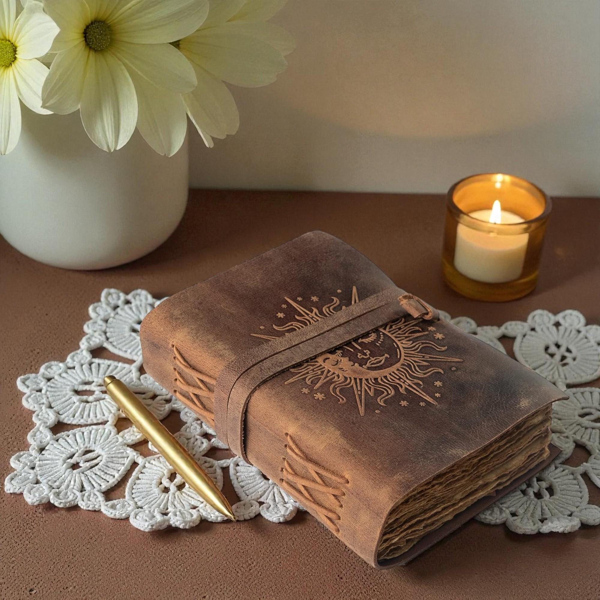 Handmade Sun Embossed Leather Journal 5x7 – 200 Deckle Edge Pages – Vintage Brown Diary – Rustic Leather Notebook for Writing & Gifts
Handmade Sun Embossed Leather Journal 5x7 – 200 Deckle Edge Pages – Vintage Brown Diary – Rustic Leather Notebook for Writing & Gifts