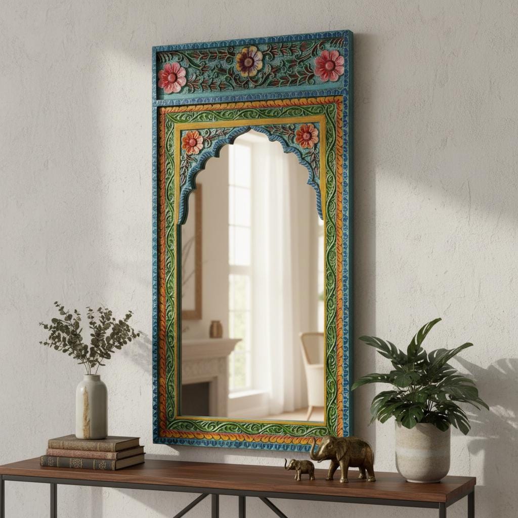 Hand-Painted Wooden Mirror Frame | Rajasthani Arch Design Wall Decor | Colorful Indian Carved Mirror Frame | Ethnic Boho Home Decoration
Hand-Painted Wooden Mirror Frame | Rajasthani Arch Design Wall Decor | Colorful Indian Carved Mirror Frame | Ethnic Boho Home Decoration