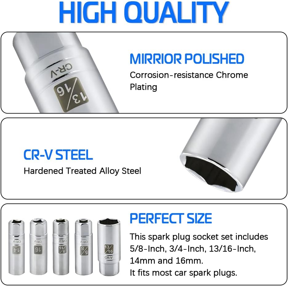 5PCS Magnetic Spark Plug Socket Set 14mm-16mm Thin Wall 3/8 Drive 9 16 inch
5PCS Magnetic Spark Plug Socket Set 14mm-16mm Thin Wall 3/8 Drive 9 16 inch