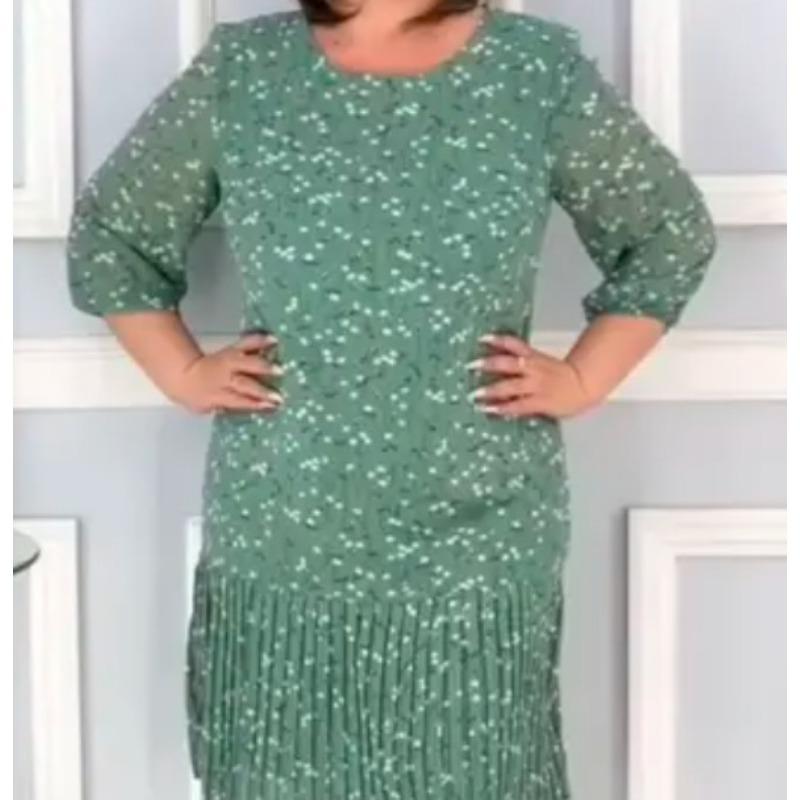 Женское плиссированное платье с круглым вырезом, платье средней длины, облегающее, темпераментное, цветочное платье XL светло-зеленый
