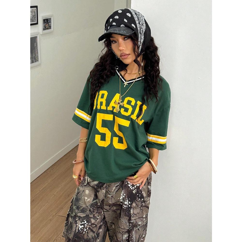 Brasil 55 Print T-Shirt American Football Uniform V-Neck Loose Breathable Short Sleeved Fashionable Streetwear Y2k Women S Top S
Brasil 55 Print T-Shirt American Football Uniform V-Neck Loose Breathable Short Sleeved Fashionable Streetwear Y2k Women S Top S
