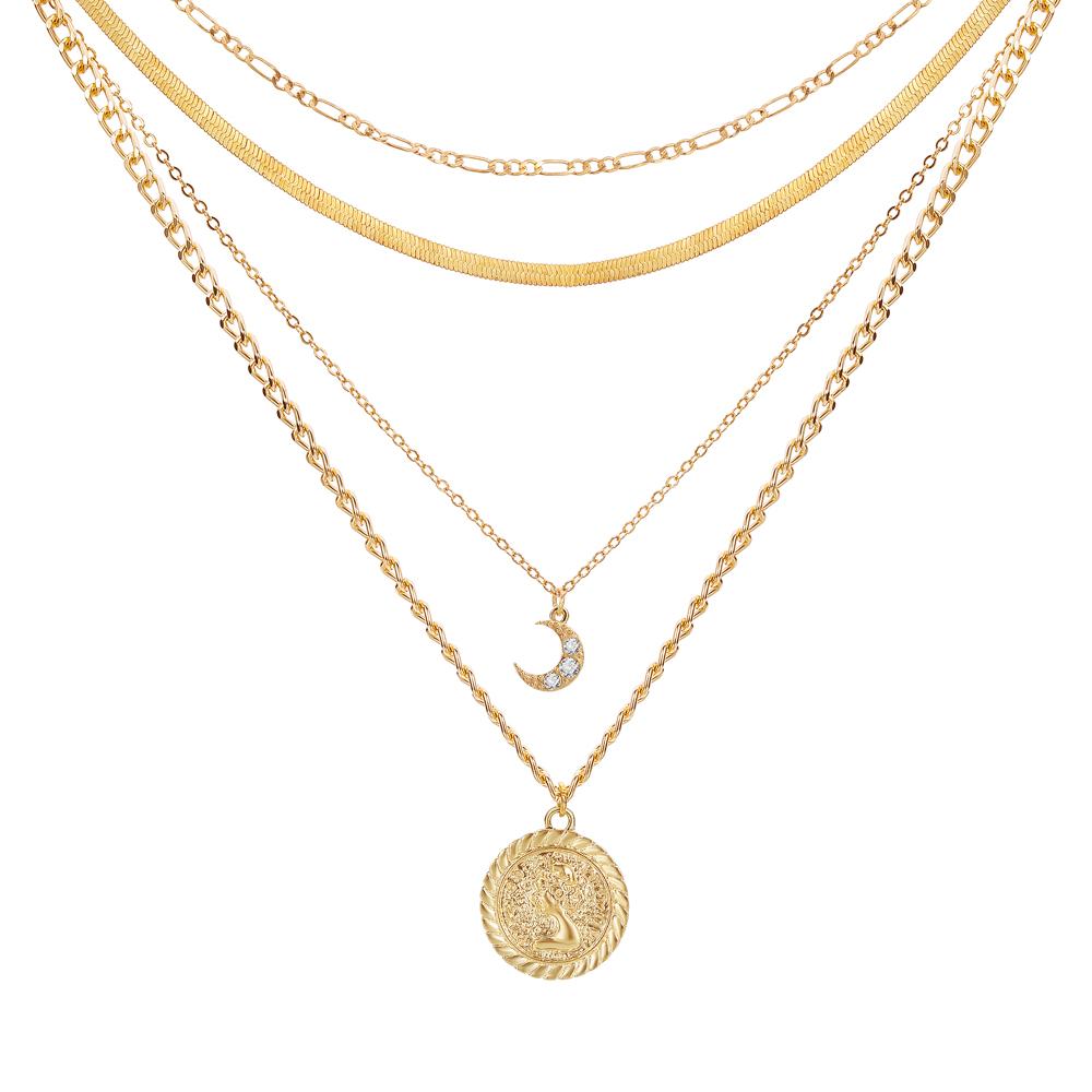 Комплект из 4 предметов, женское модное роскошное полое ожерелье, легкая роскошная подвеска в виде луны, ожерелье с кисточками, уличное панк-стиль, цепочка для свитера золотой