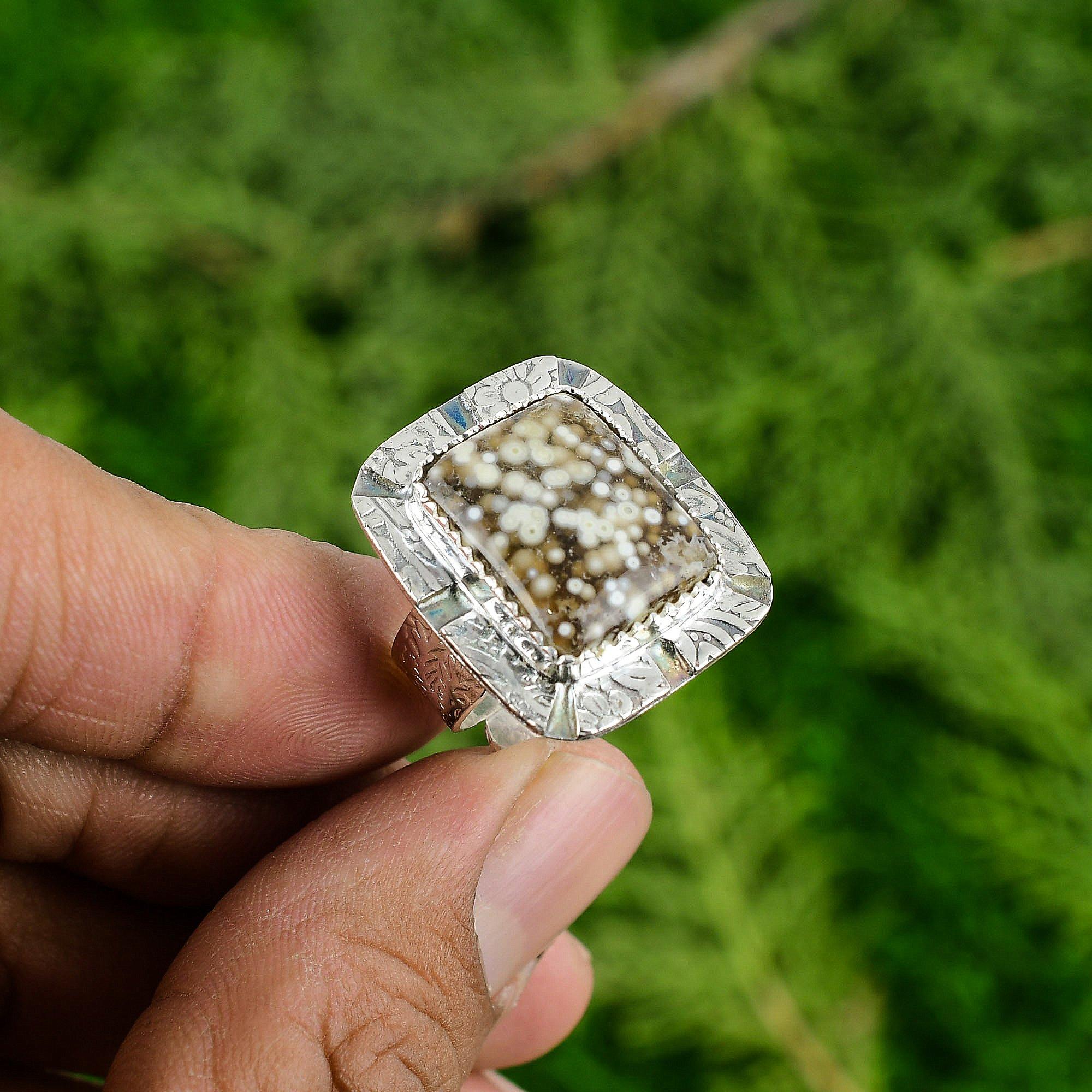 Пасхальная Распродажа Океанический Яшма Камень День Рождения Этническое Заявление Безель Кольцо 925 Серебро Adjustable