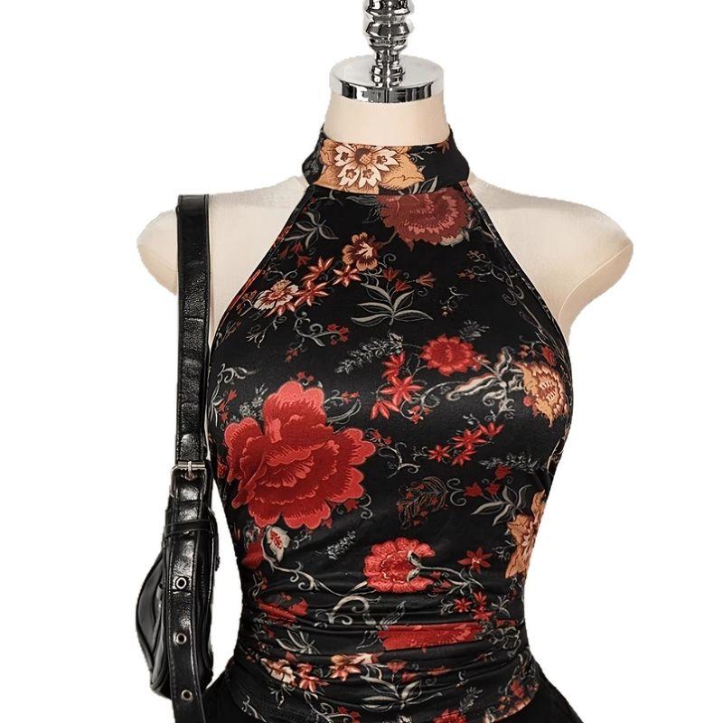 Y2K Hot Girl Style Retro Floral Print Halter Neck Sleeveless Tank Top with Side Ruching and Waist-Cinching Design, Backless Short Style Black S
Y2K Hot Girl Style Retro Floral Print Halter Neck Sleeveless Tank Top with Side Ruching and Waist-Cinching Design, Backless Short Style Black S