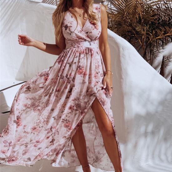 Платье миди с цветочным принтом без рукавов из полиэстера с разрезом на лето 
Платье миди с цветочным принтом без рукавов из полиэстера с разрезом на лето