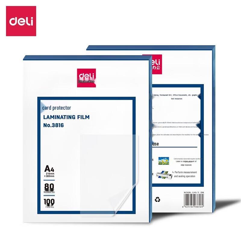 Deli 3816 A4 Standard Clear Laminating Pouches, 80mic, 100 Sheets
Deli 3816 A4 Standard Clear Laminating Pouches, 80mic, 100 Sheets
