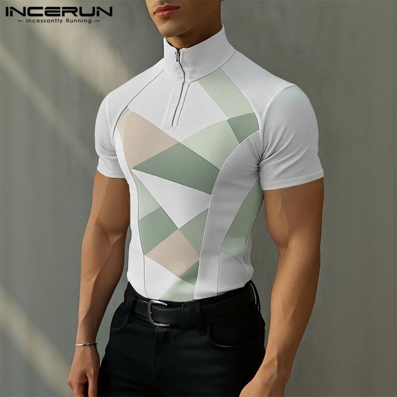 INCERUN Men Stand Collar Short Sleeve Zip-up Geometric Print Stitching Casual Fitted T-shirts S чёрный
INCERUN Men Stand Collar Short Sleeve Zip-up Geometric Print Stitching Casual Fitted T-shirts S чёрный