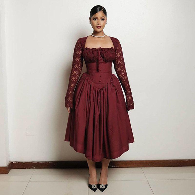 for Women, European and American Cross-Border Fashion, New Style, Elegant Square Neck, Lace Long Sleeves, Waist-Cinching, Solid Color, Mid-Length Wine Red S
for Women, European and American Cross-Border Fashion, New Style, Elegant Square Neck, Lace Long Sleeves, Waist-Cinching, Solid Color, Mid-Length Wine Red S