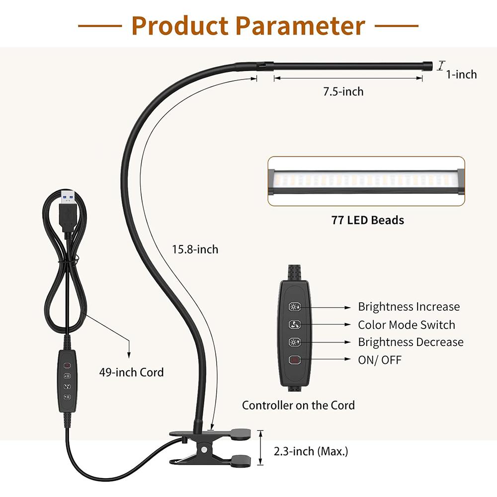 10 Вт светодиодная настольная лампа с зажимом, диммируемый прищепочный светильник для чтения, 10 уровней яркости, 3 режима освещения, гибкая лампа для учебного стола, USB