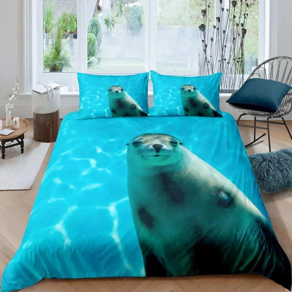 Пододеяльник с изображением тюленя размера King, милый комплект постельного белья с изображением тюленя, милый экзотический стиль океана, 2/3 шт., полиэстеровое одеяло с изображением морской жизни 70x133cm