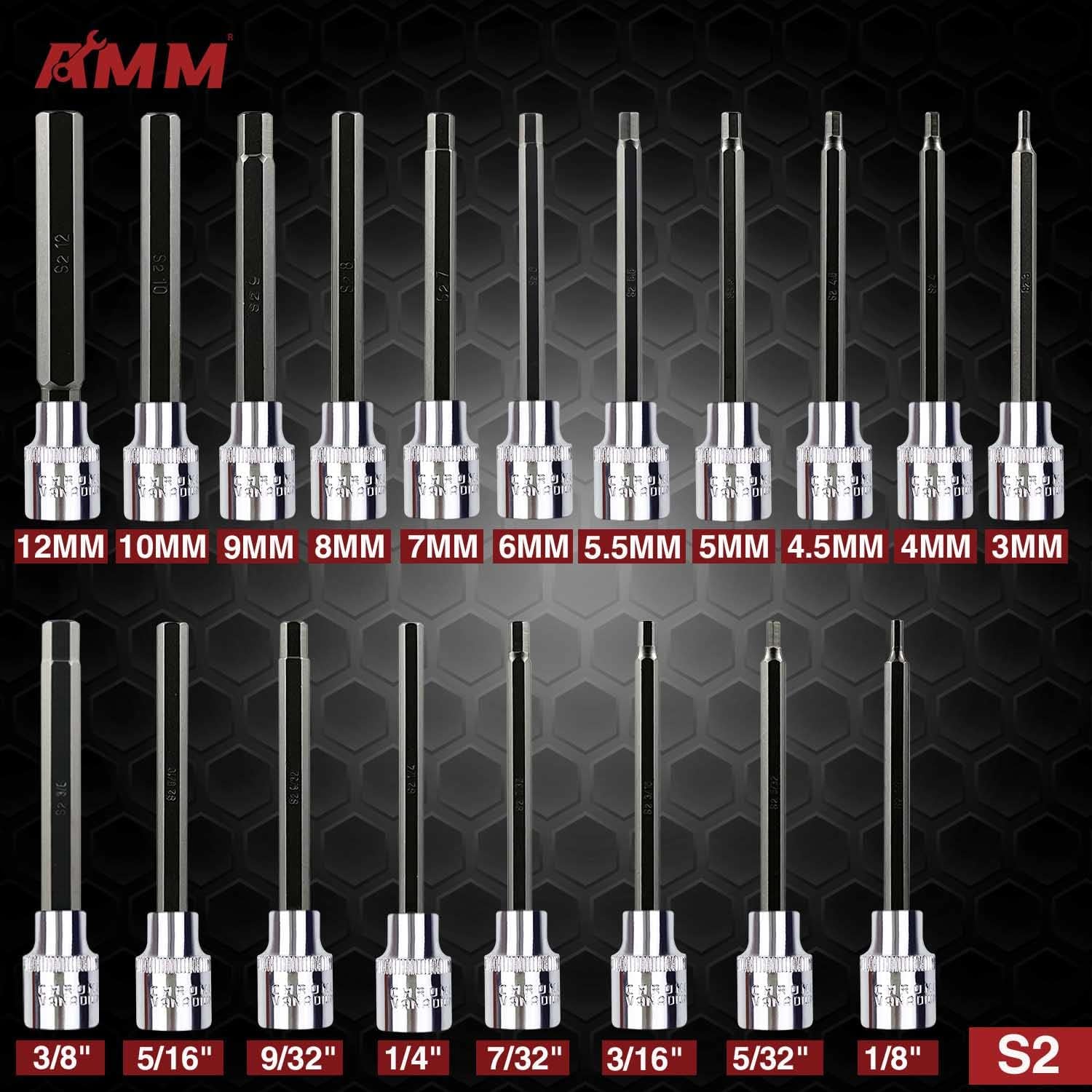 19-Piece 3/8 Drive Extra Long Allen Socket Set, SAE & Metric (1/8 -3/8 , 3-12mm), S2 Alloy Steel United States
19-Piece 3/8 Drive Extra Long Allen Socket Set, SAE & Metric (1/8 -3/8 , 3-12mm), S2 Alloy Steel United States