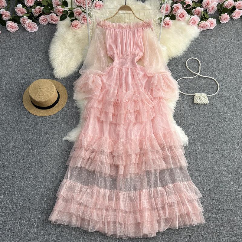 YYFS Женская мода Весна Осень Однотонный принт Длинный рукав На одно плечо С высокой талией Повседневные платья Size: One Size розовый