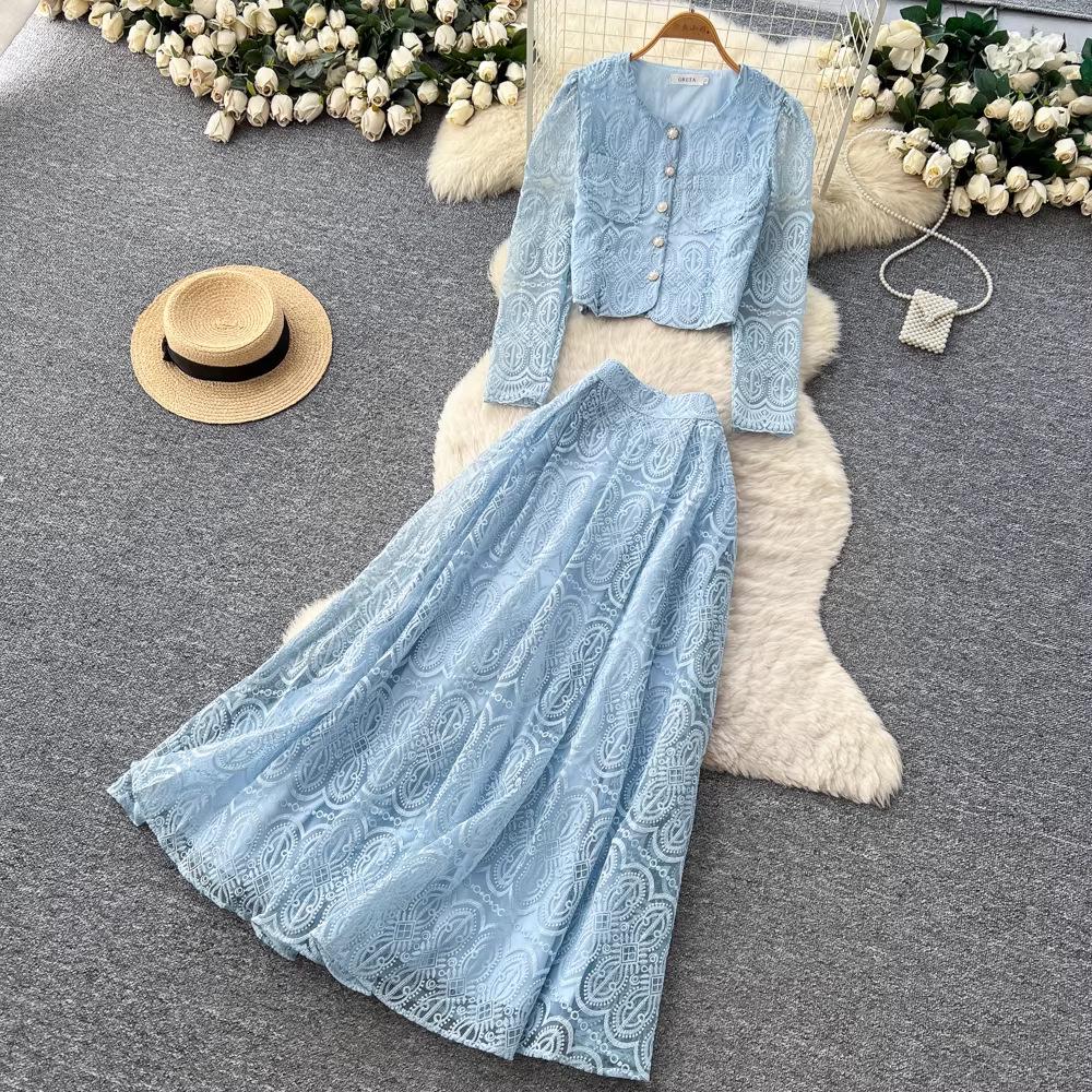 Elegant Mesh Embroidery Pearl Button Top & High Waist Midi Skirt Two-Piece Set Medium світло-синій колір
Elegant Mesh Embroidery Pearl Button Top & High Waist Midi Skirt Two-Piece Set Medium світло-синій колір