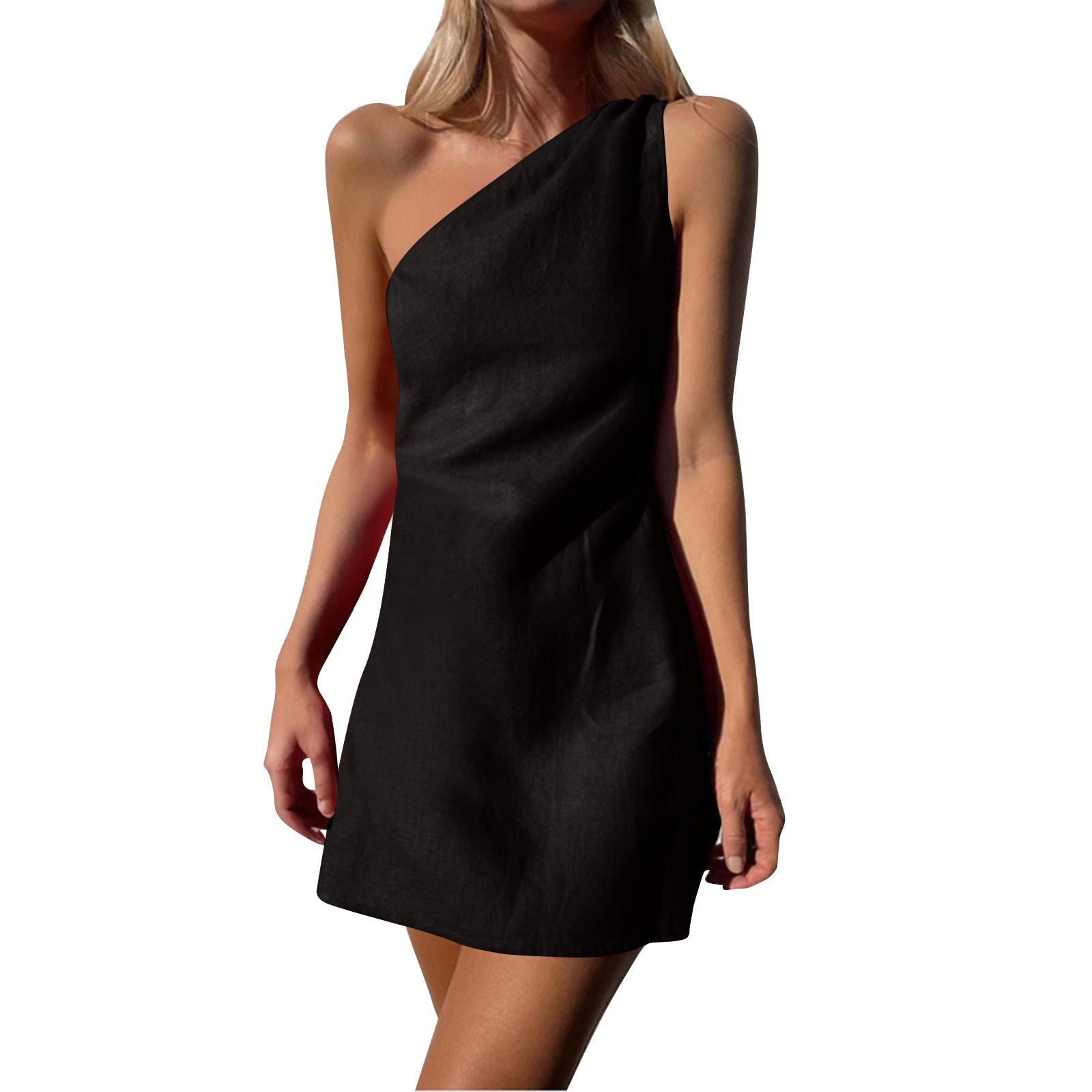 Женские платья однотонные облегающие платья темперамент с косыми плечами S чёрный